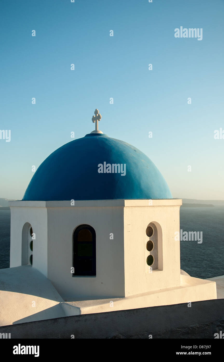 Famous Blue and white church dome of Santorini, Greece Stock Photo