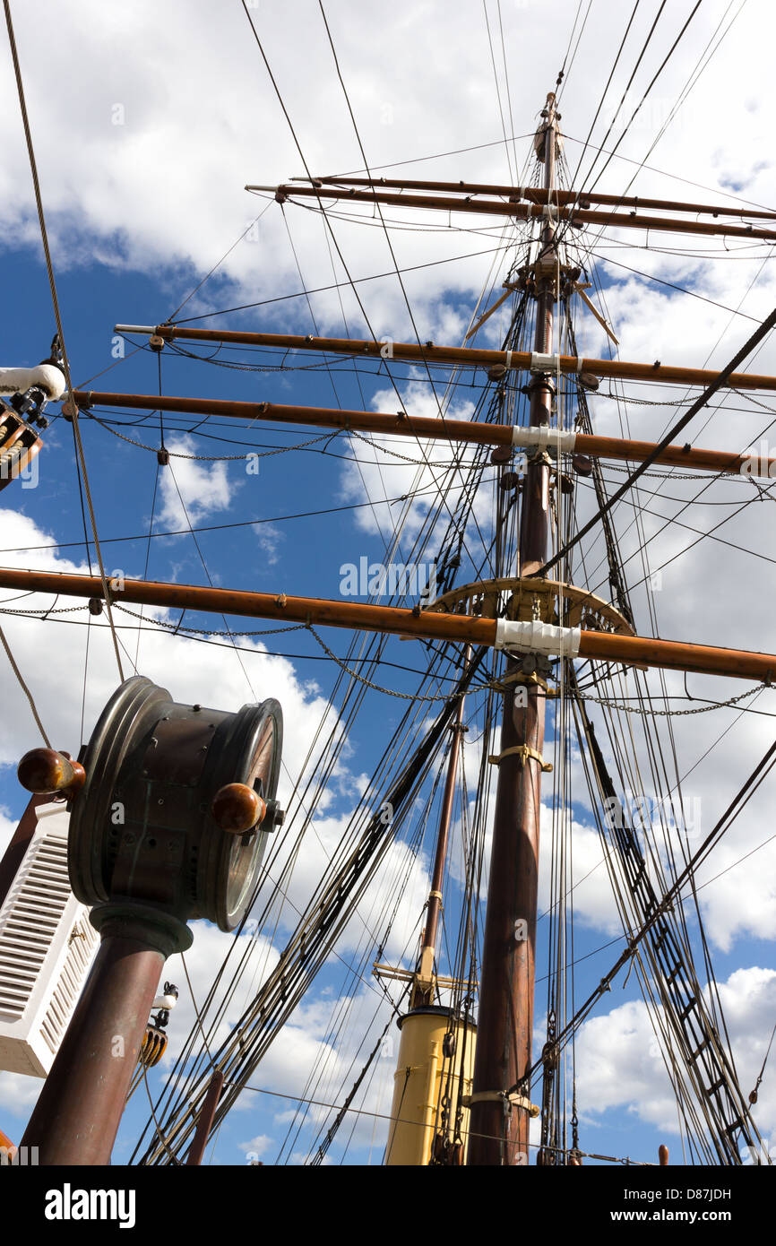 Engine room telegraph and masts. RSS Discovery polar exploration ship   Dundee Stock Photo