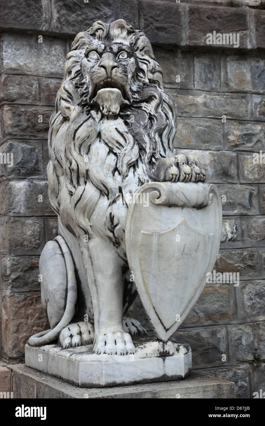 The heraldic lion of Peles Castle in Sinaia, large Wallachia, Romania Stock Photo