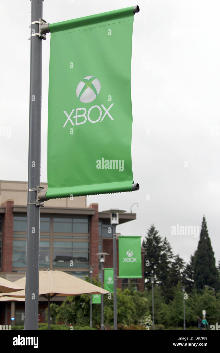 Redmond, Washington, USA. 21st May 2013. An Xbox banner flies at Microsoft  headquarters in Redmond, Washington . Guests from all over the world have  been invited to the Microsoft headquarters for the