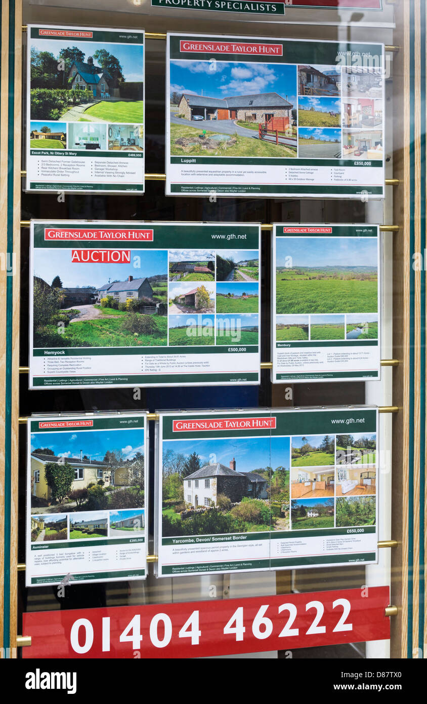 Country houses and land for sale and auction in an estate agents window, England, UK Stock Photo