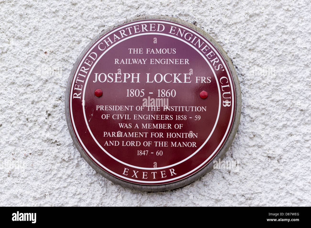 Plaque commemorating the famous English railway engineer Joseph Locke, at Honiton, Devon, UK Stock Photo