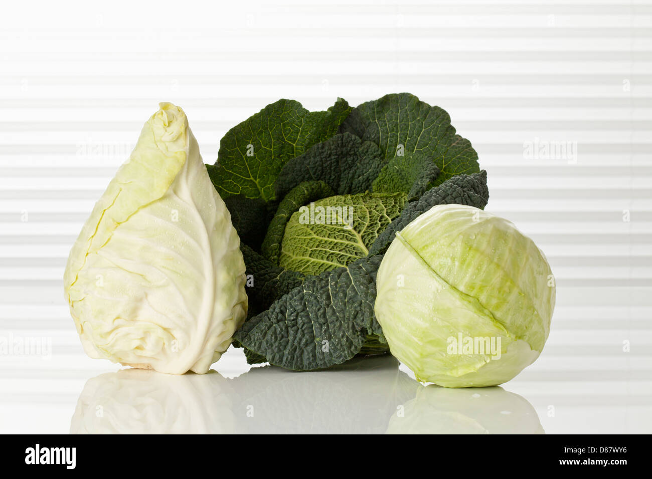 Savoy cabbage, pointed cabbage and white cabbage, close up Stock Photo ...