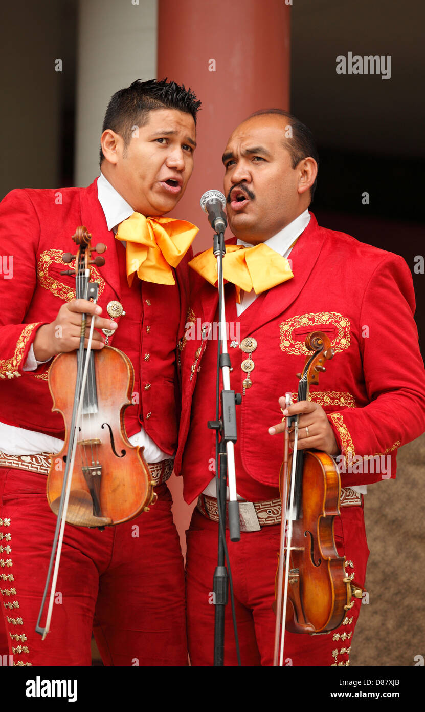 Mexican Mariachi Cocula singers and musicians performing in Centennial Square at Africa Fest-Victoria, British Columbia, Canada. Stock Photo