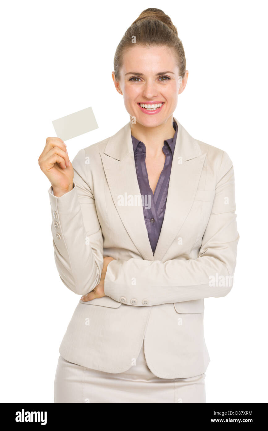Smiling Business Woman Showing Business Card Stock Photo Alamy