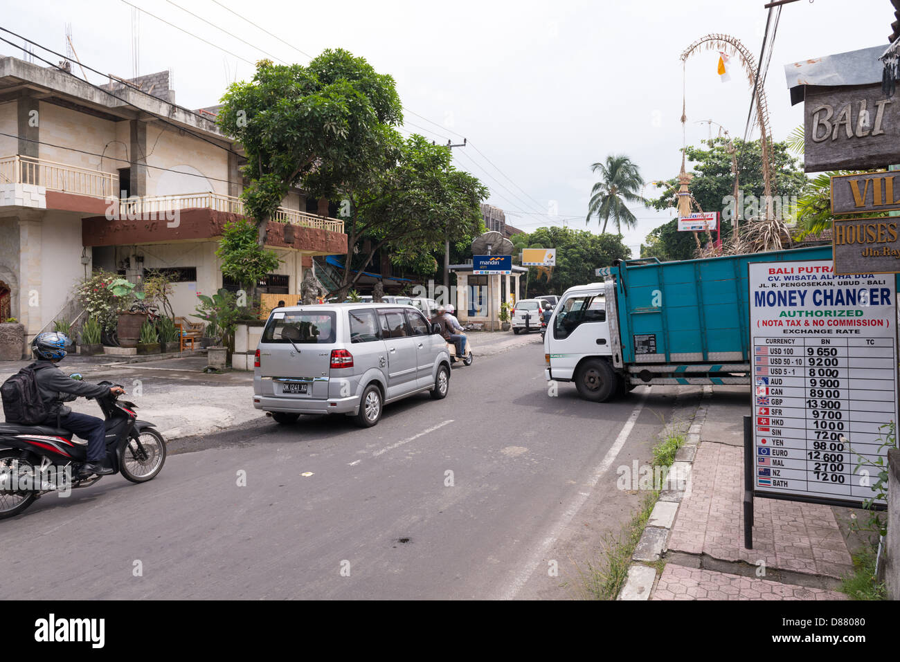 Street scene in Ubud near busy road Stock Photo