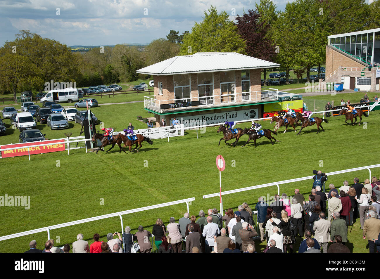 Salisbury Racecourse race horses at the winning post England UK Stock Photo