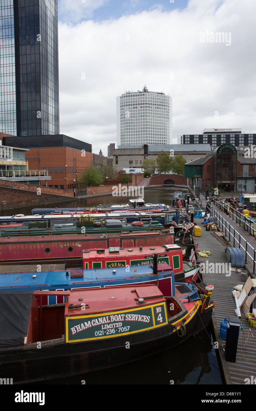 Narrow boats on canal in central Birmingham Stock Photo