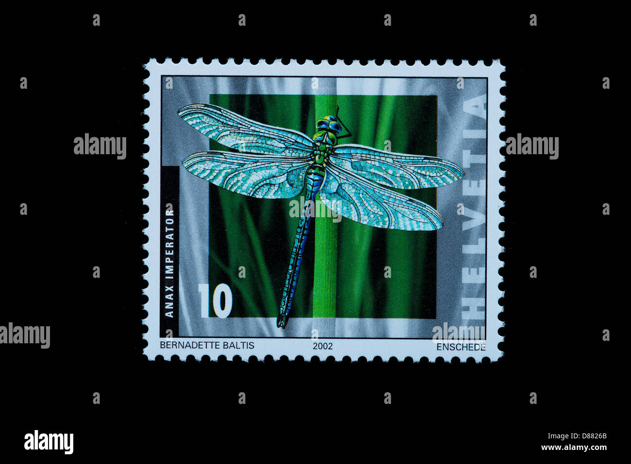 Anax Imperator dragonfly in a swiss stamp Stock Photo