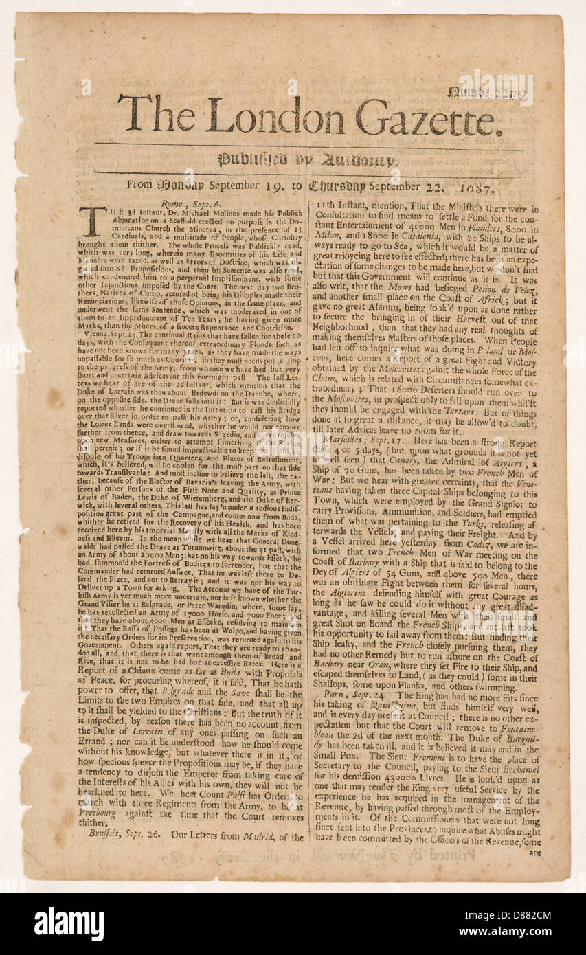 THE LONDON GAZETTE 1687 Stock Photo Alamy
