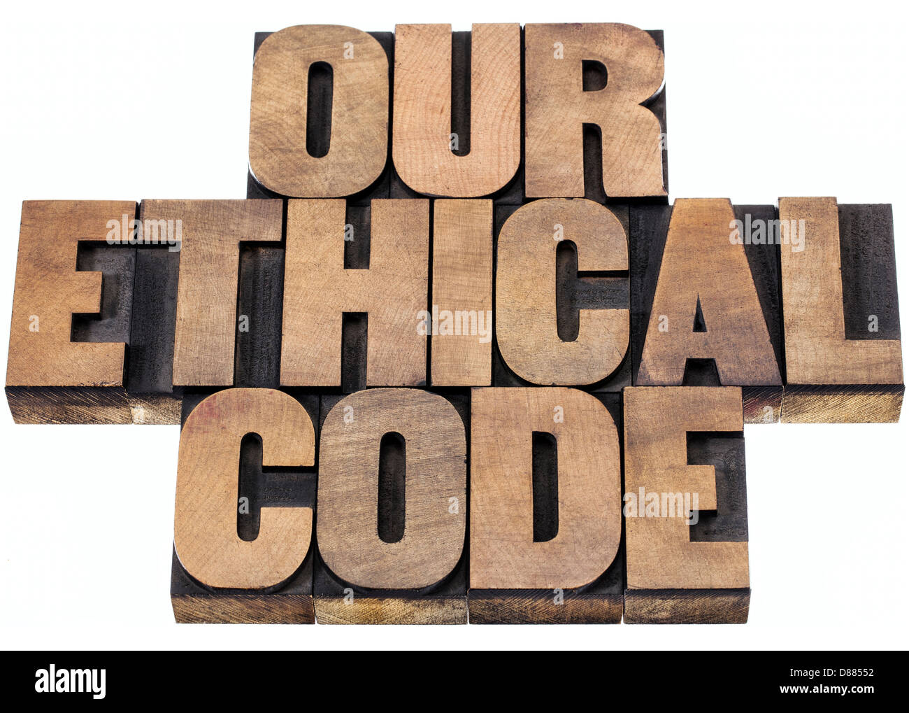our ethical code - isolated text in letterpress wood type printing blocks Stock Photo