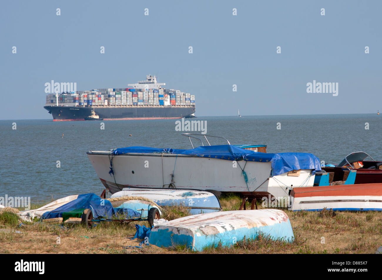 A container ship enters the port of Felixstowe, viewed from Harwich Stock Photo