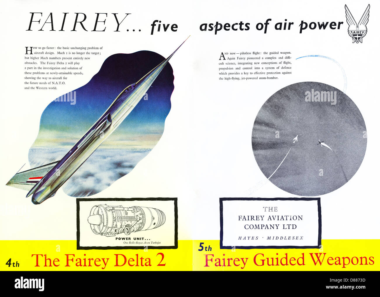 Double page advert for FAIREY JET AIRCRAFT & GUIDED WEAPONS aircraft advertisement in trade magazine circa 1955 Stock Photo