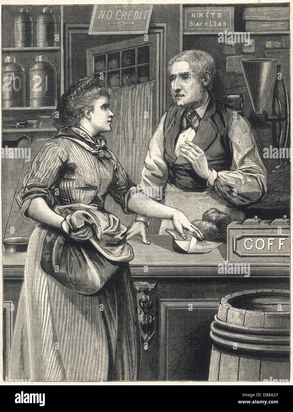 AT THE GROCER'S 1880 Stock Photo