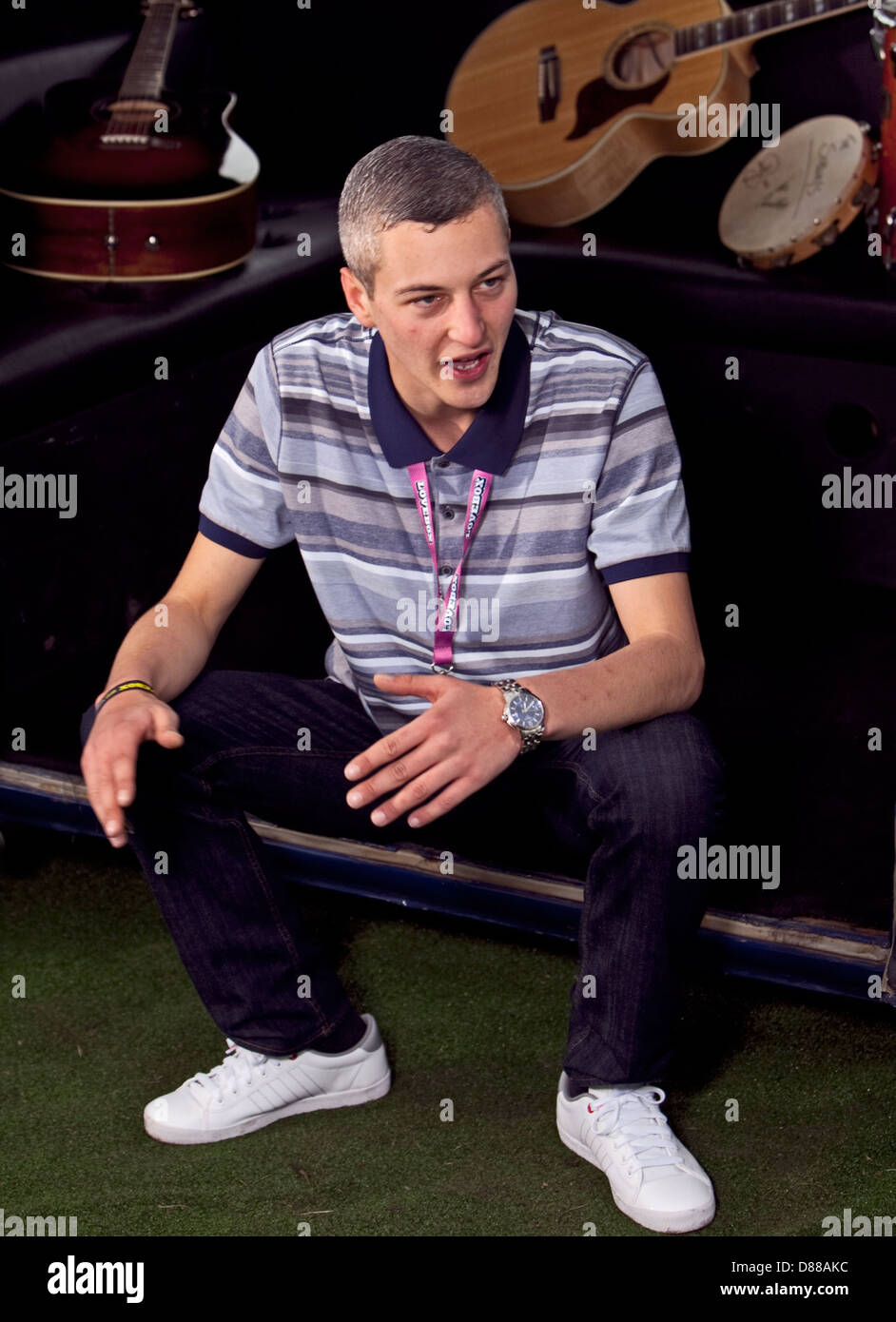 RAPPER, James Devlin, better known mononymously as Devlin INTERVIEWED BACKSTAGE AT LOVEBOX FESTIVAL, LONDON, 2012 Stock Photo