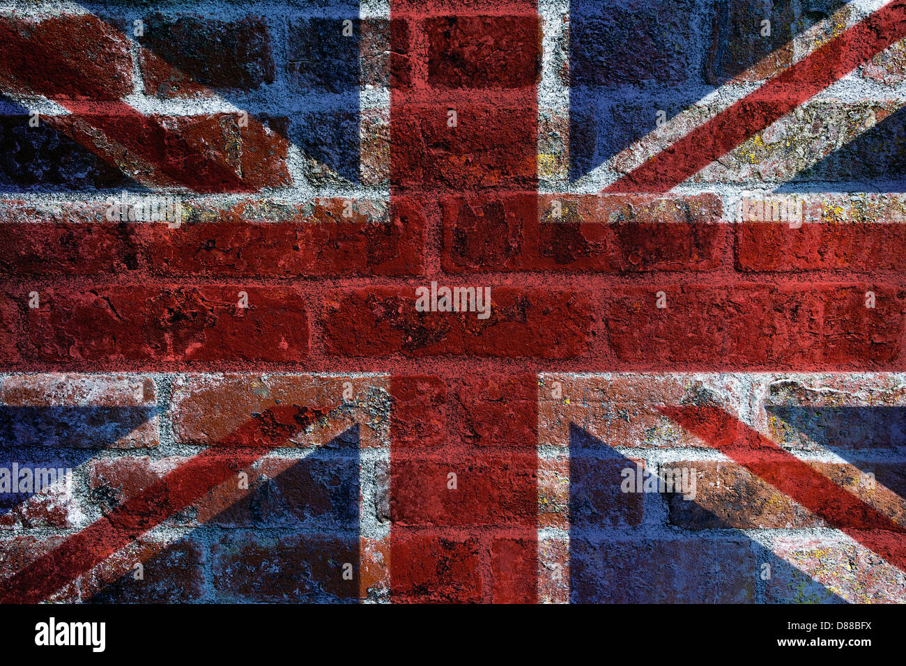 UK England Union Jack Flag on Textured Grunge Brick Wall Background Stock Photo
