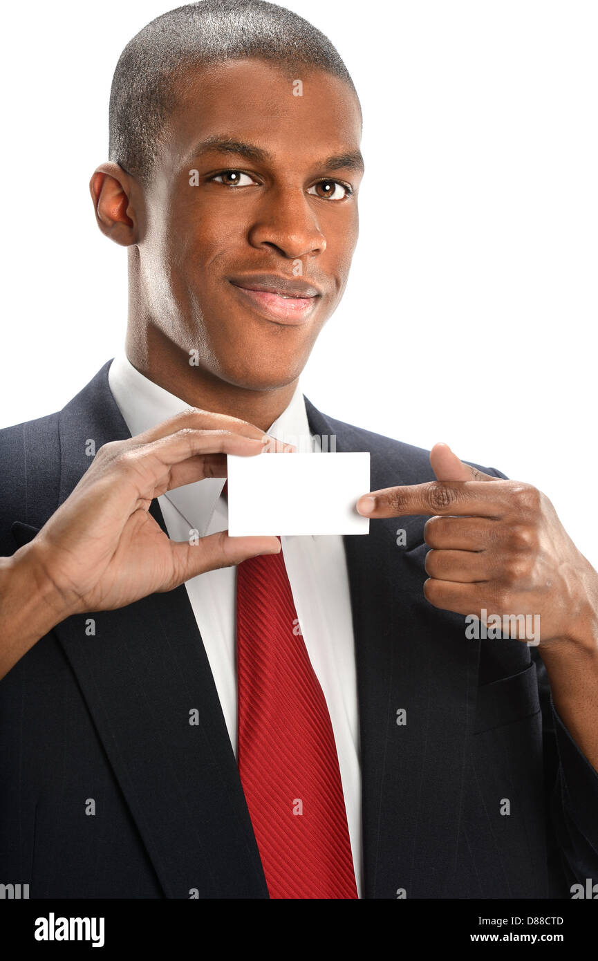 Young African American businessman pointing at blank card isolated over white background Stock Photo