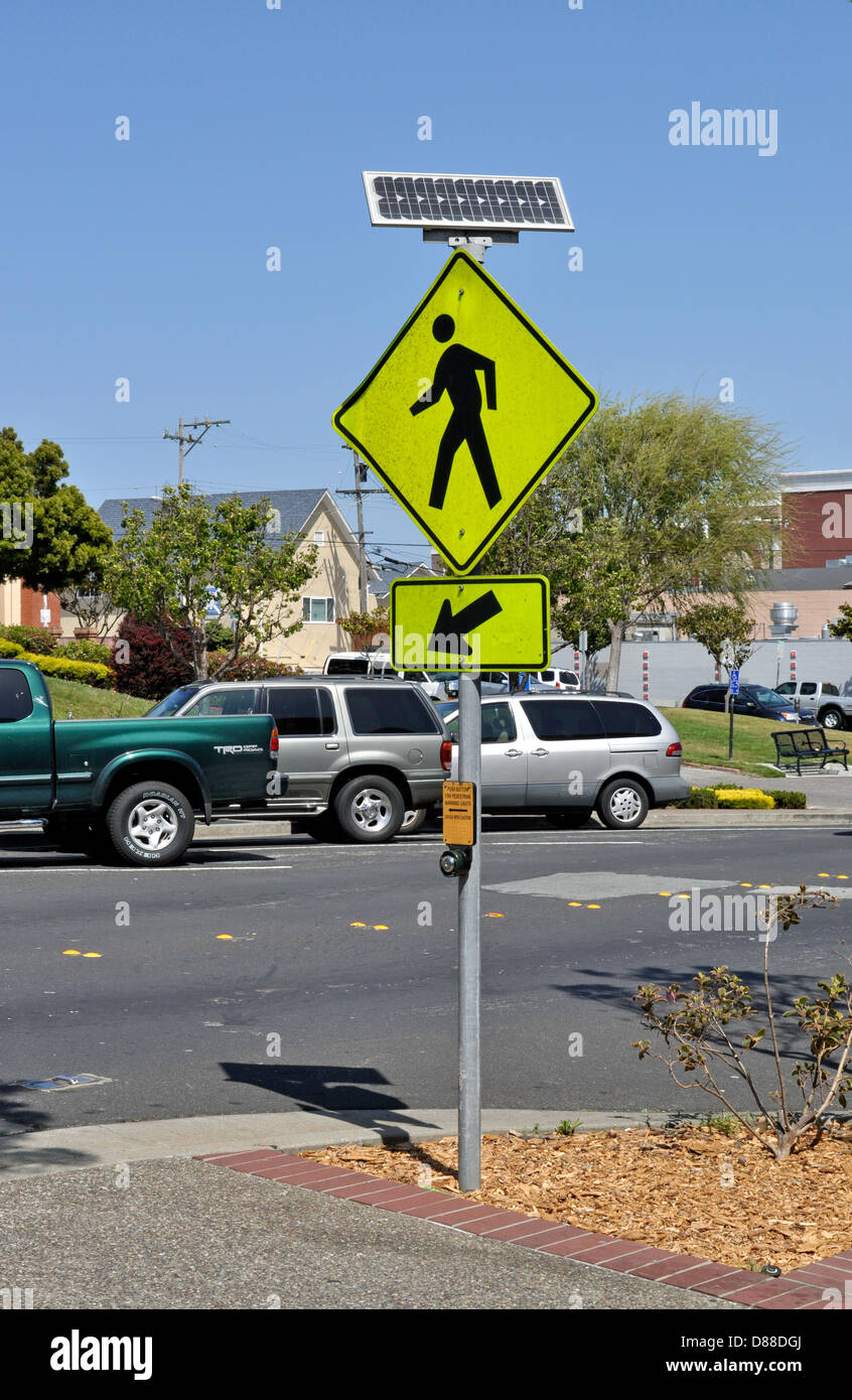 pedestrian crossing push button for solar powered warning lights Stock