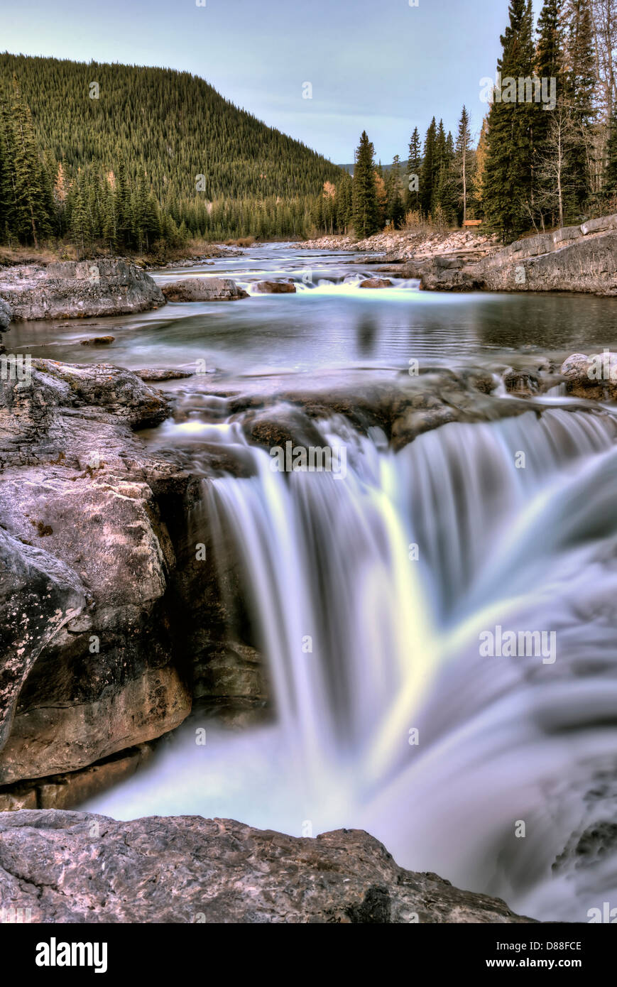 Bragg Creek Waterfall sunrise Alberta Canada mountains Stock Photo