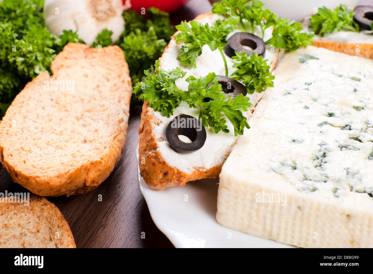 Selective focus on the bruschetta with olive Stock Photo - Alamy