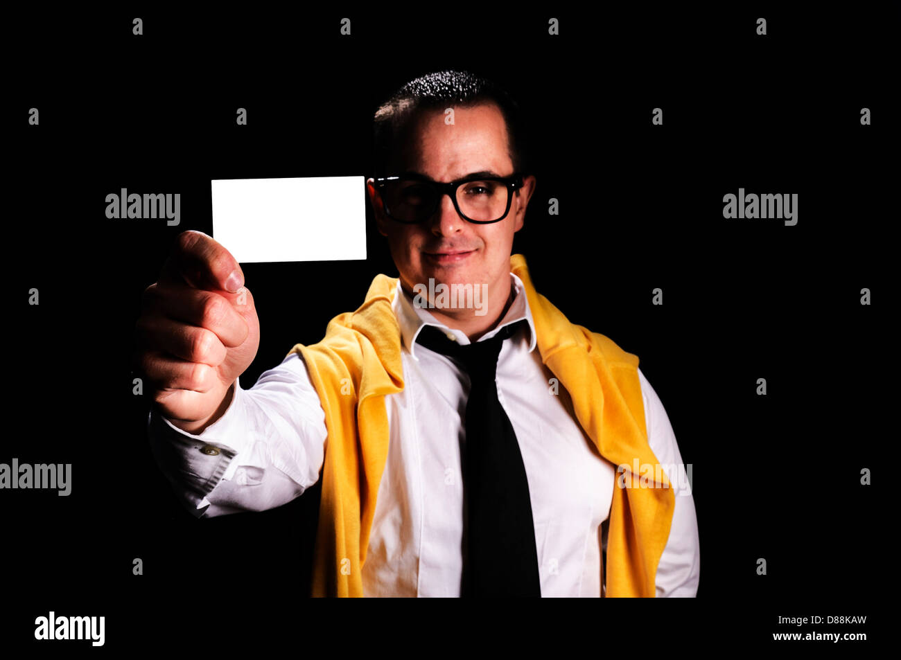 Man holding blank calling card. Selective focus on calling card and