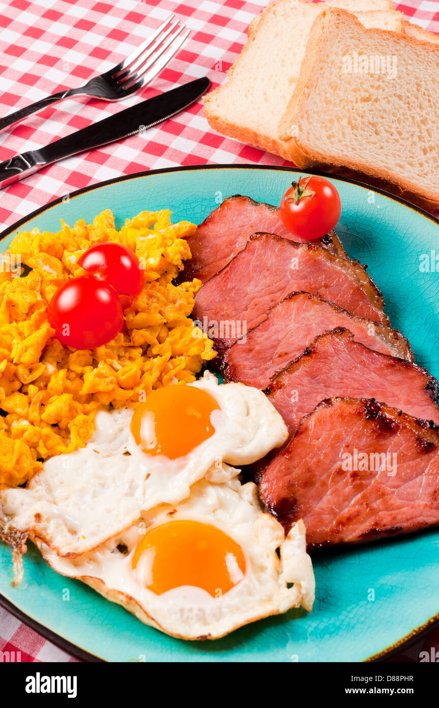 Fried eggs and ham for breakfast. Selective focus on the ham and eggs