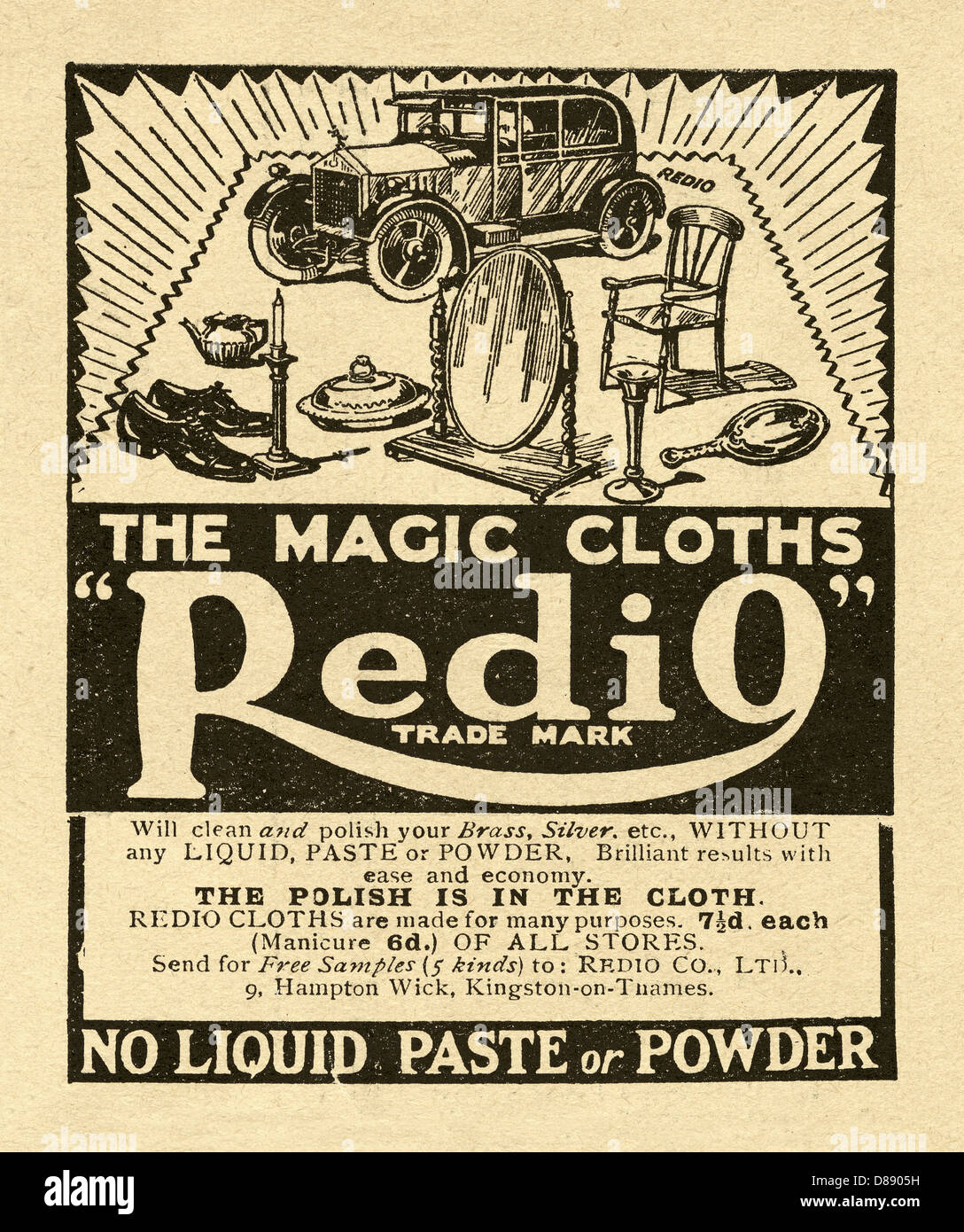 1928 advert for the Redio 'magic' polishing cloths. The cloths emphasise that the polish is within the cleaning cloth Stock Photo