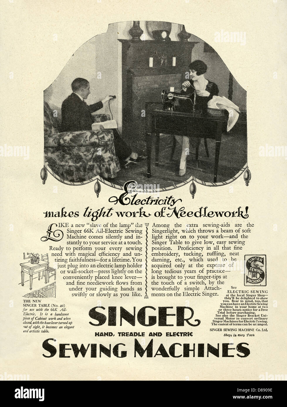 1928 advert for Singer electric sewing machines - with a photograph of a woman sewing on an electric machine in her front room Stock Photo