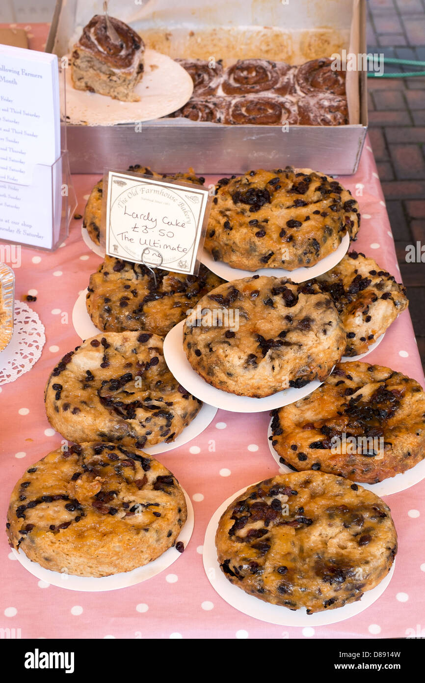 Lardy Cake on sale at the Farmers Market at Swindon Outlet Centre Stock