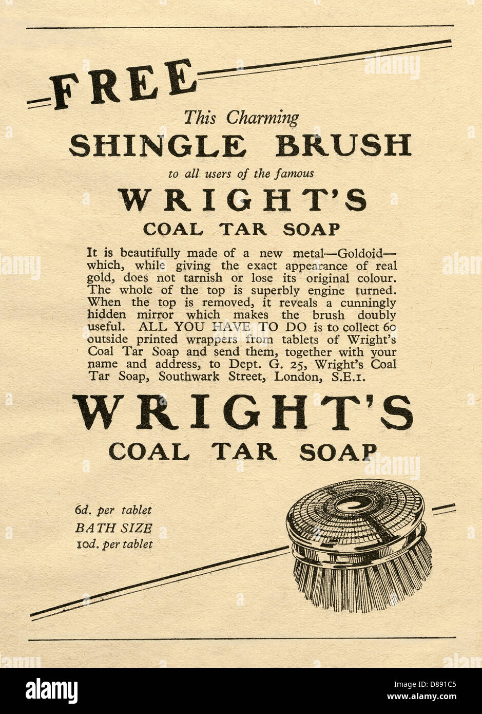 1928 advert for Wright's coal tar soap that includes an offer of a free metal 'shingle' brush by collecting the wrappers Stock Photo