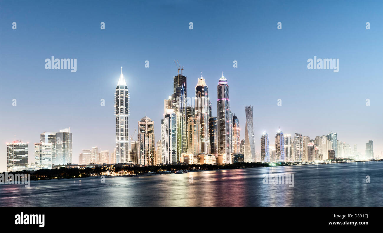 Evening skyline view of skyscrapers in Marina district of Dubai United Arab Emirates Stock Photo