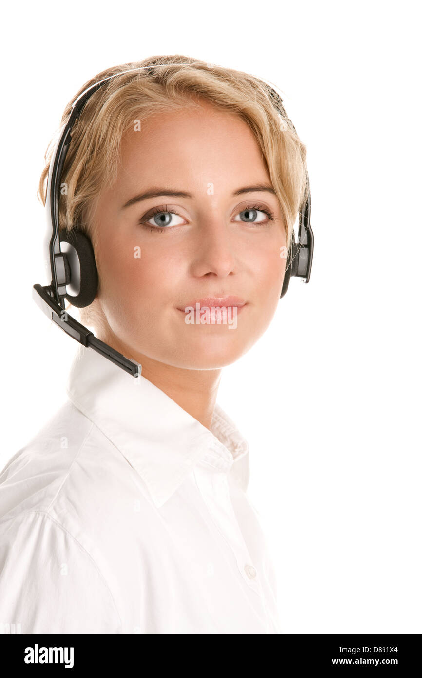 Young receptionist wearing headset isolated on white background Stock