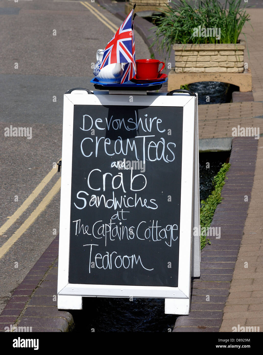Devonshire cream tea crab sandwiches chalkboard sign Beer Devon England uk Stock Photo