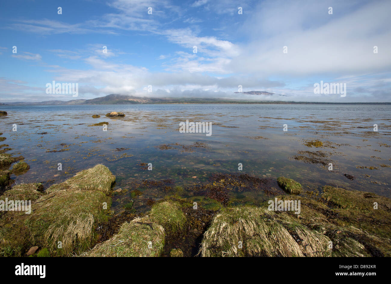 Loch Fleet, Scotland. Loch Fleet with a cloud covered Balblair Wood, Mound Rock and Silver Rock in the background. Stock Photo
