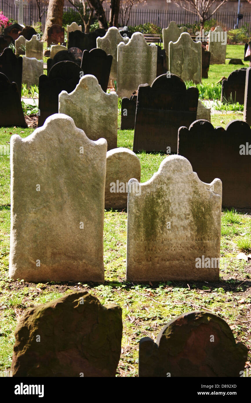 Headstones in a very old church in New York City Stock Photo