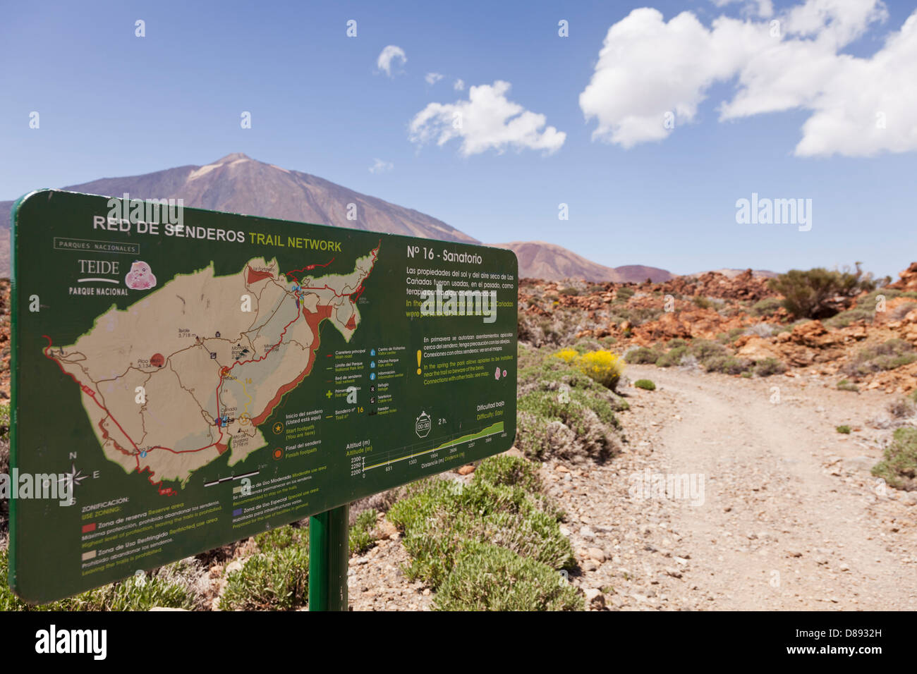 Signs with walking routes in the national park of Las Canadas del teide on Tenerife. Stock Photo