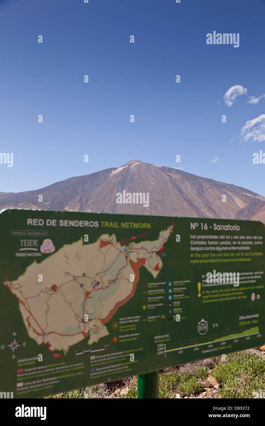Signs with walking routes in the national park of Las Canadas del teide on Tenerife. Teide focus for Sign focus see image D89385 Stock Photo