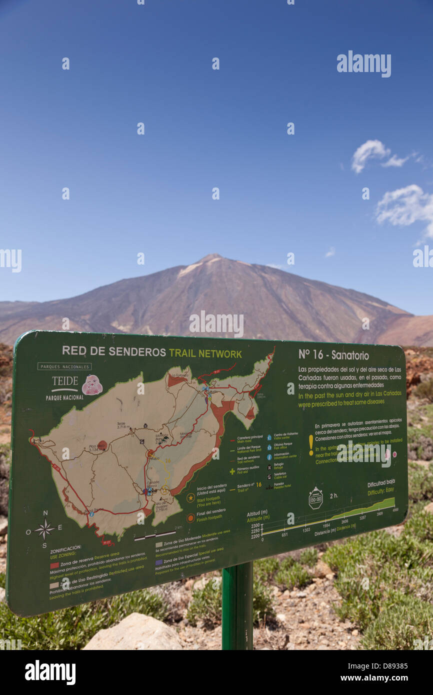 Signs with walking routes in the national park of Las Canadas del teide on Tenerife. Sign focus for Teide focus see image D89372 Stock Photo