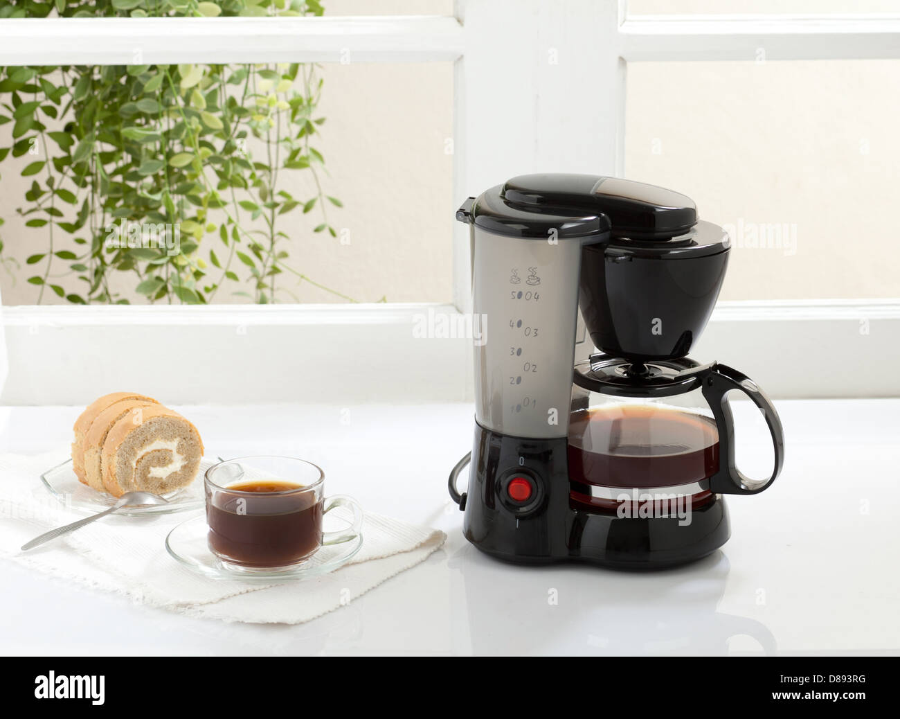 Enjoy your breakfast or coffee break with coffee maker and boiler machine Stock Photo