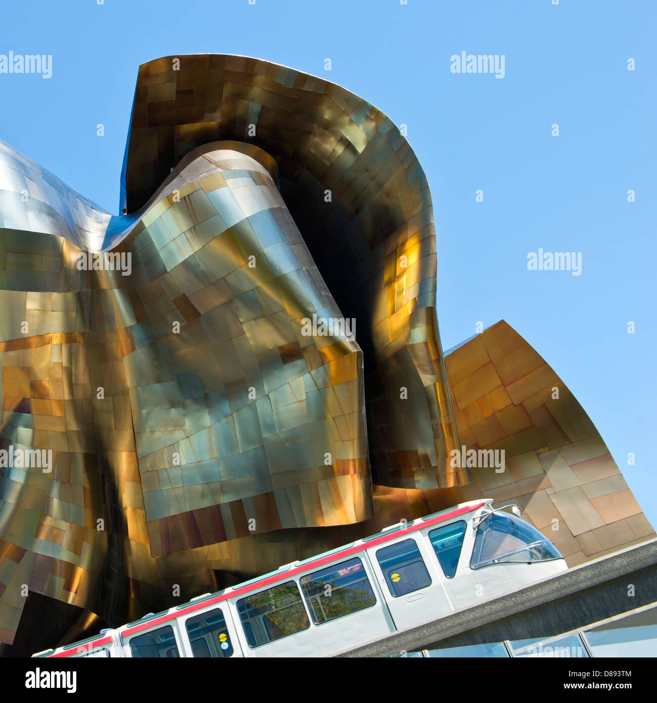 Monorail leaving the experience music project building in Seattle, Washington, United States, Stock Photo