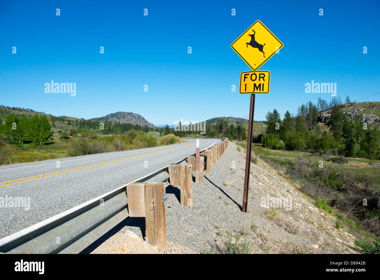 Deer crossing sign with a red nose, indicating a christmas reindeer crossing. Humoristic image Stock Photo