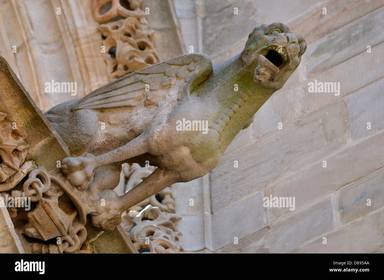 Closeup gargoyle, viewed from below, of the Sainte Cécile cathedral at Albi in southern France, Midi Pyrénées region, Tarn depar Stock Photo