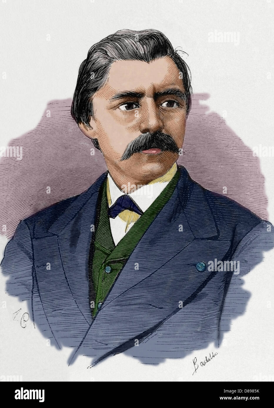 David Edward Hughes (1831 – 1900). Was a Welsh-American scientist and musician. Engraving by A. Carretero. Colored. Stock Photo