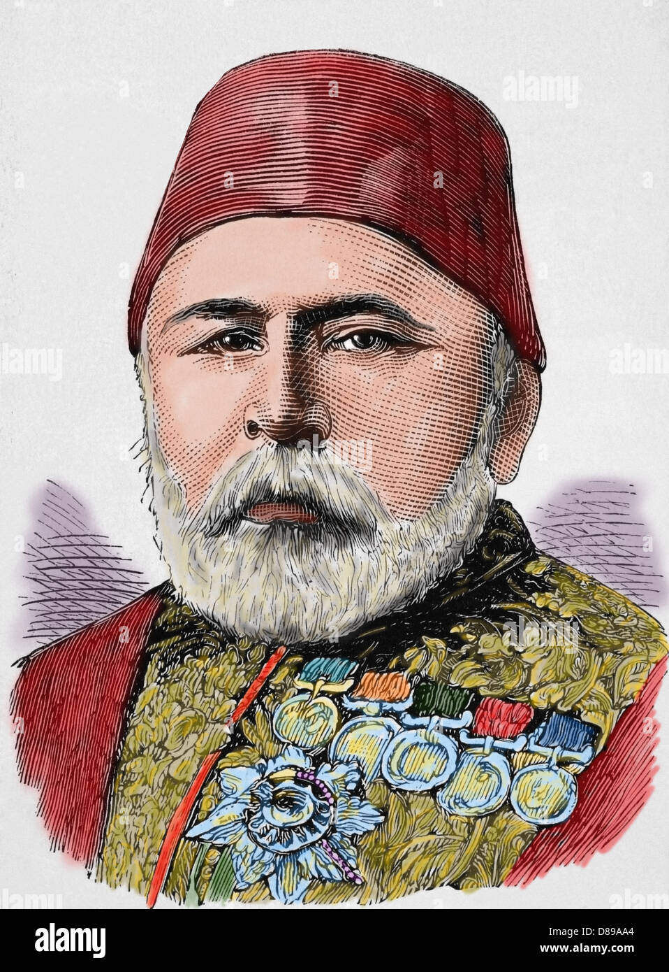 Hussein Awni pasha (1819 1876). Was a Turkish general and statesman. Engraving by Rico. Colored. Stock Photo