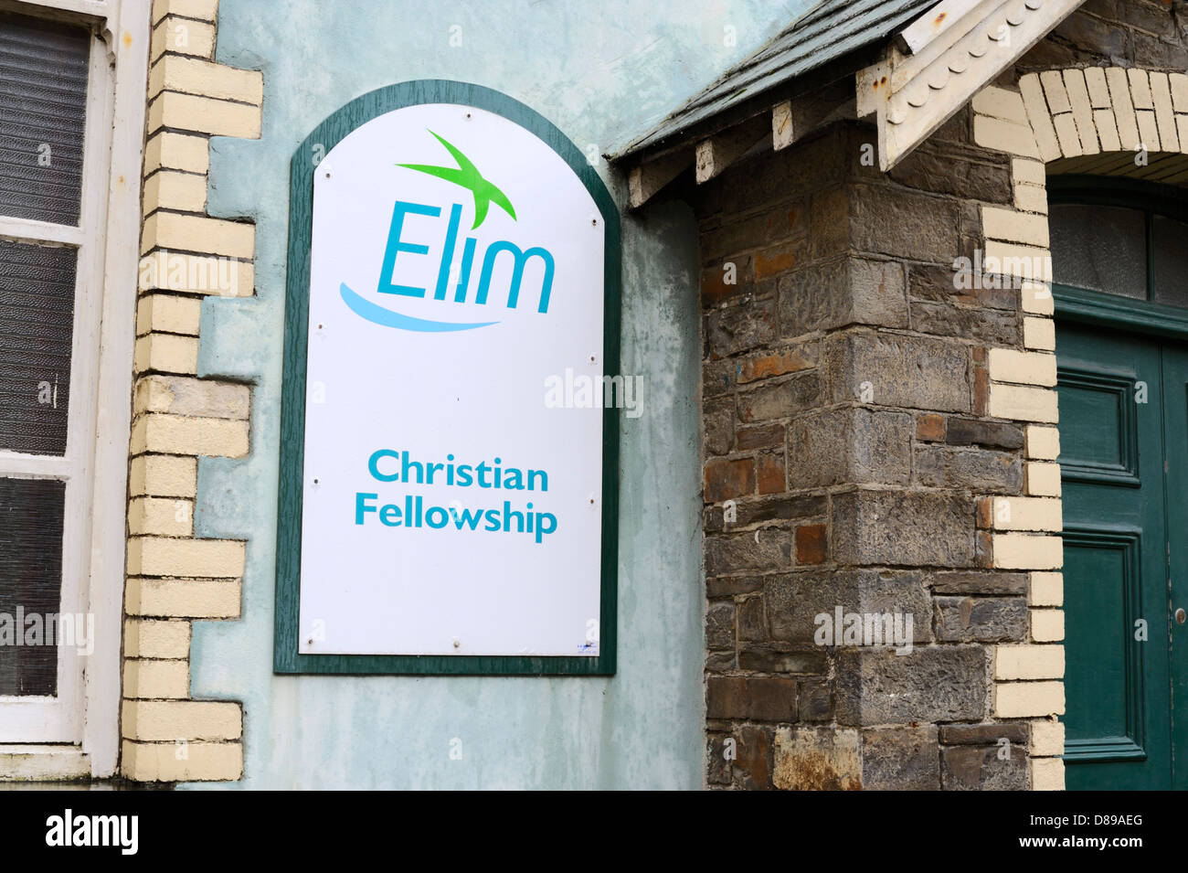 Sign outside Elim Christian Fellowship, Aberystwyth, Wales, UK. Stock Photo