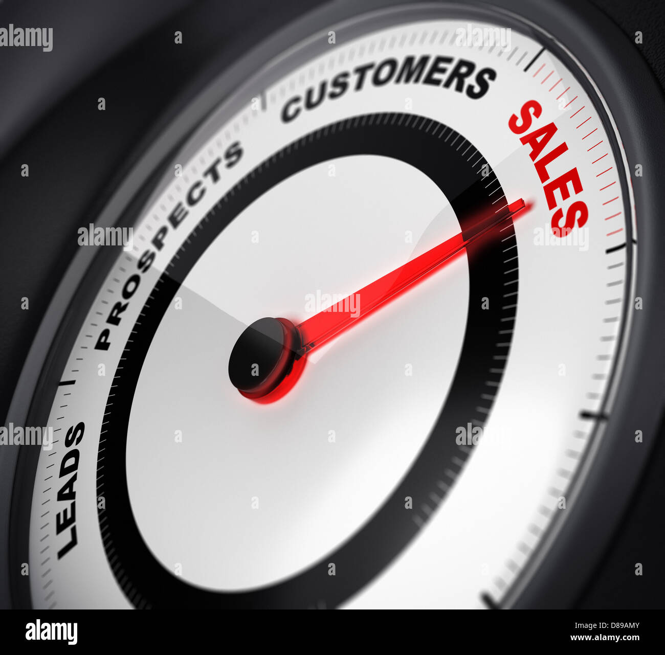 dial with red needle pointing on the word sales, concept image suitable for leads conversion purpose. Stock Photo