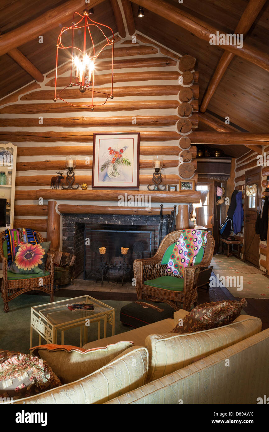 Log Cabin Great Room Interior, USA Stock Photo Alamy