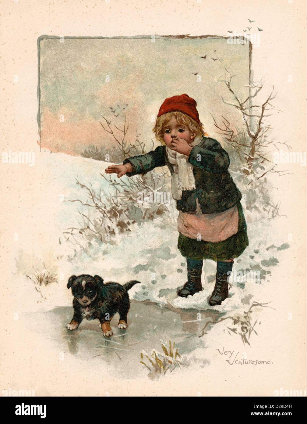 GIRL/DOG ON THIN ICE Stock Photo