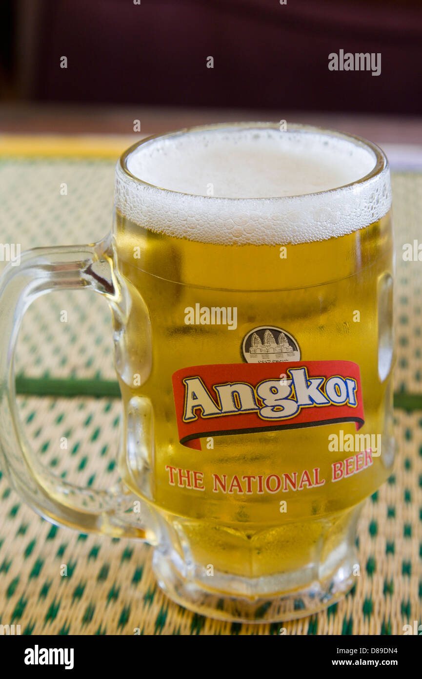 Glass of ice cold Angkor beer at Khmer Bourane Restaurant Stock Photo