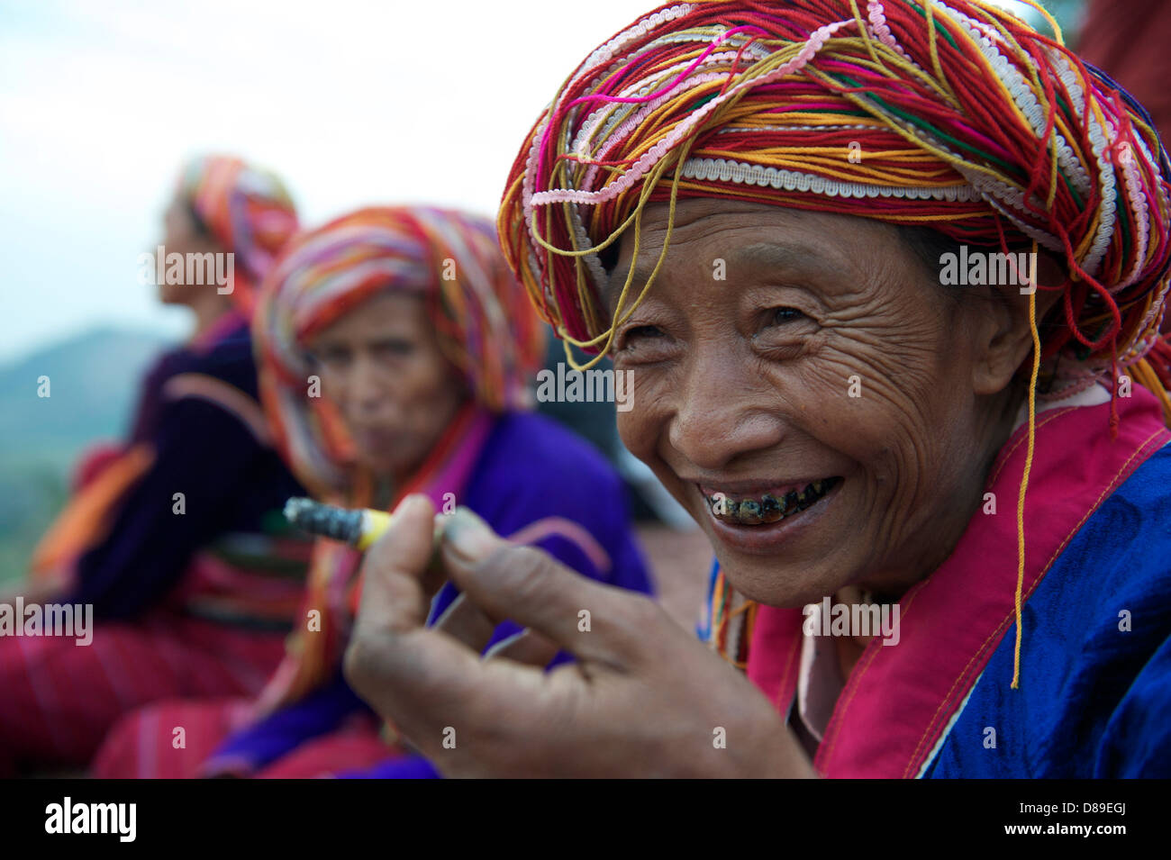 smoking Burmese tobacco ,Palaung tribe Stock Photo